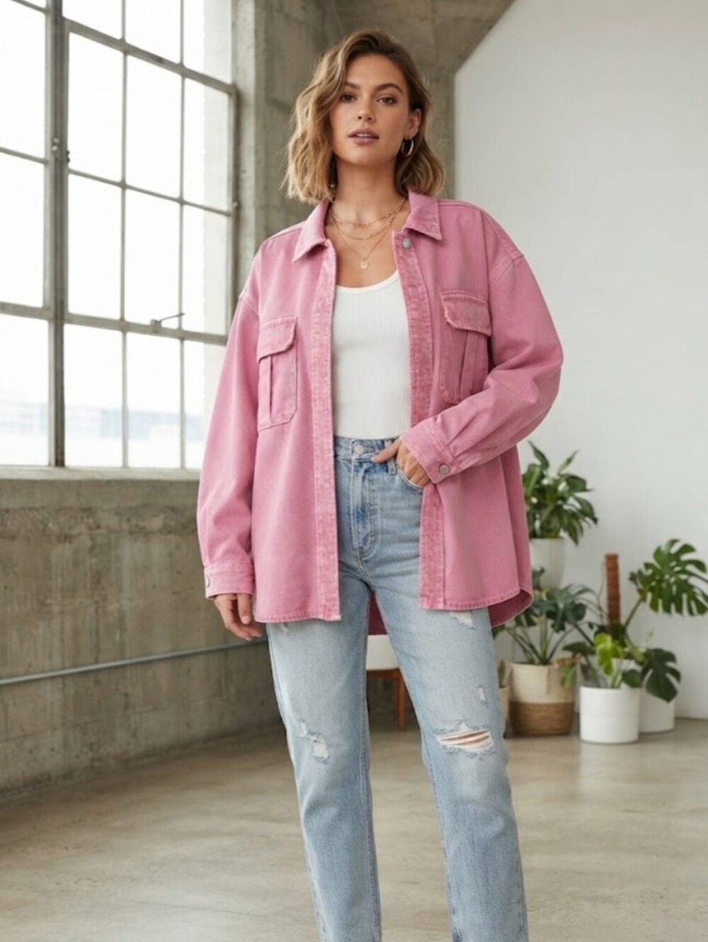 Zara Pink Oversized Denim Utility Shirt Jacket Size Small